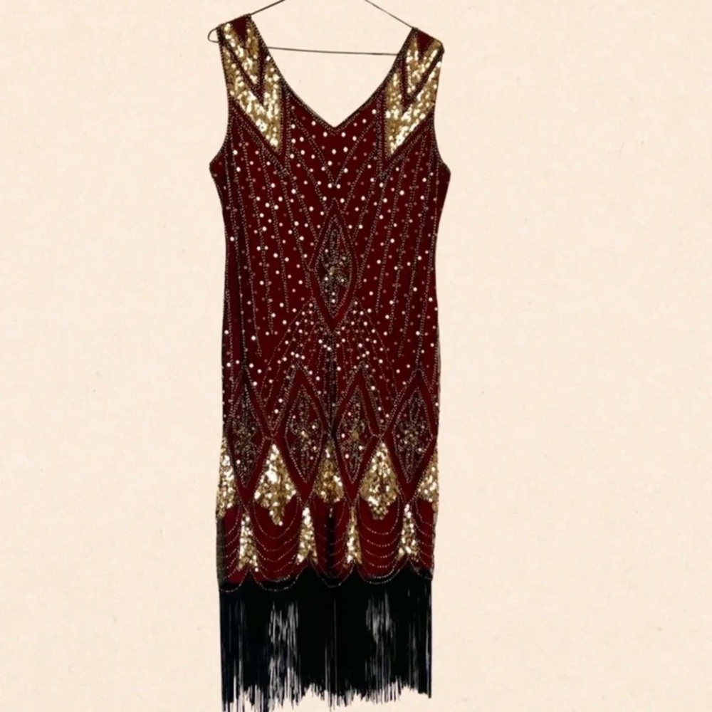 Mango Deep Red and Gold Sequin Midi Dress